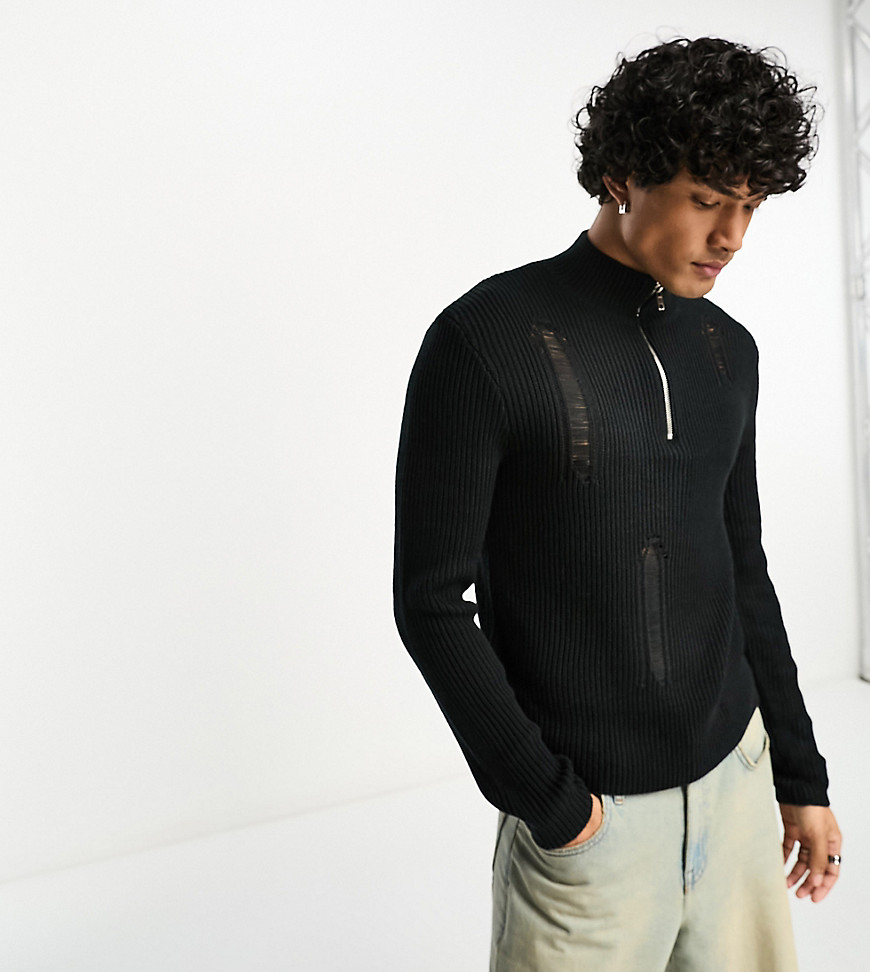 Reclaimed Vintage knitted distressed jumper zip up in black