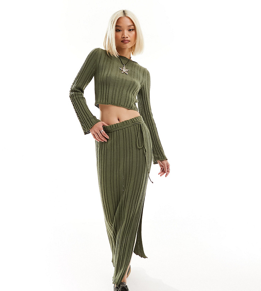 Reclaimed Vintage ribbed knitted midi skirt with tie detail in khaki co-ord-Green