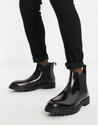 chunky low ankle boots in burgundy leather
