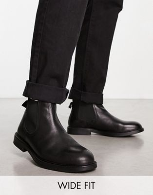 wide fit minimal chelsea ankle boots in black leather
