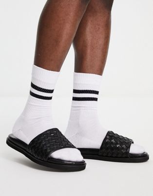 woven sliders in black leather