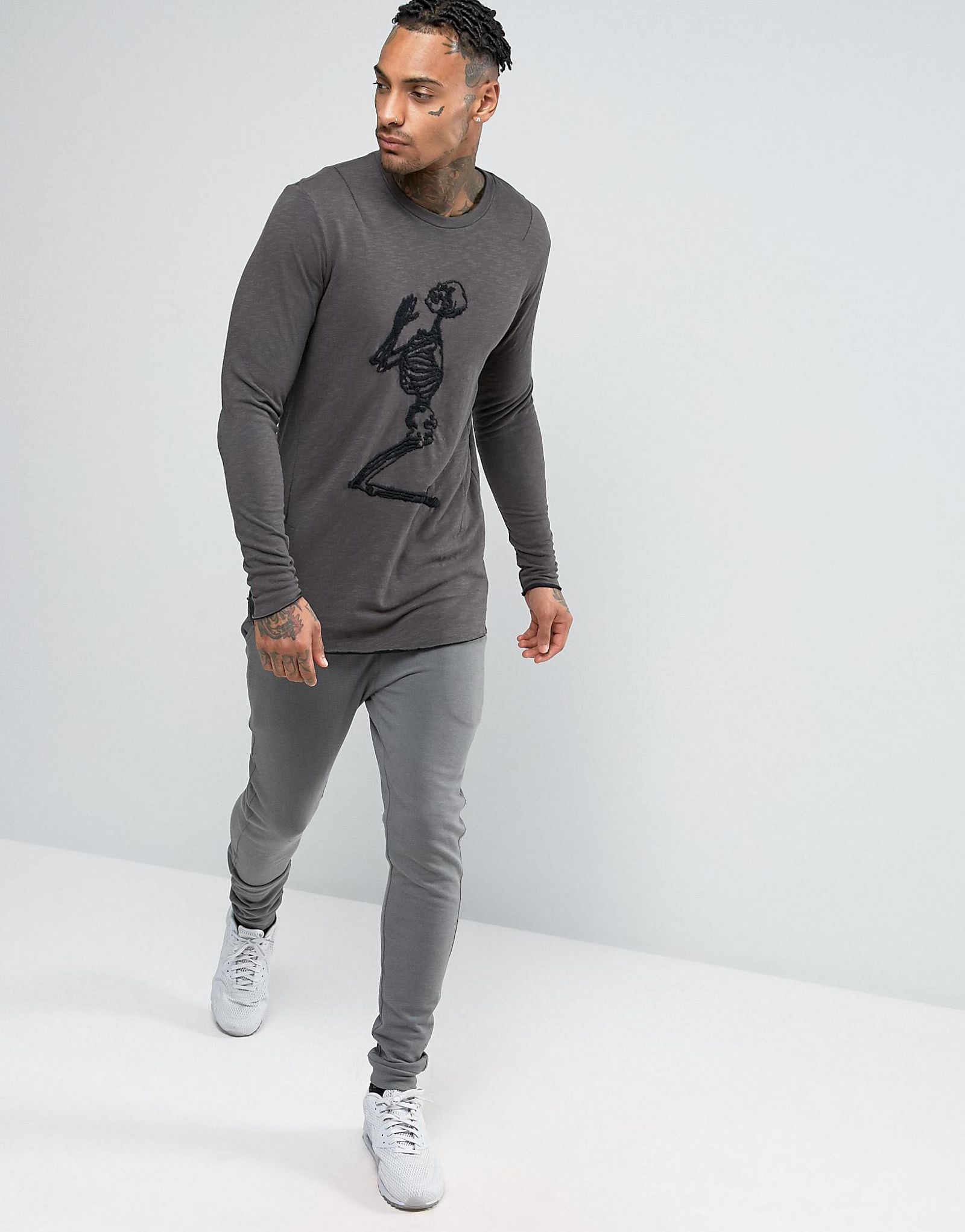 Religion Long Sleeve T-Shirt in Double Layered Jersey and Embroidery Skeleton