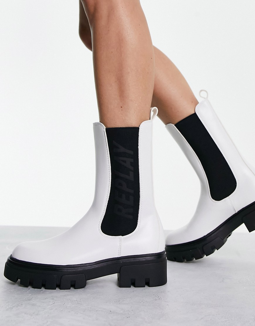Replay logo chunky boots in white