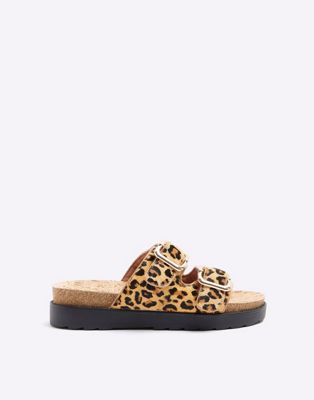 Animal print double buckle sandals in brown