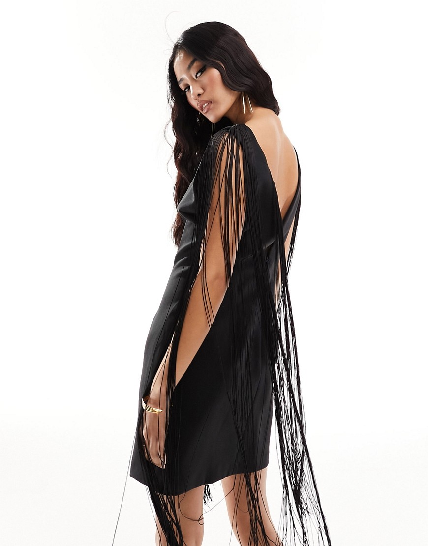 River Island backless mini dress with fringe detail in black