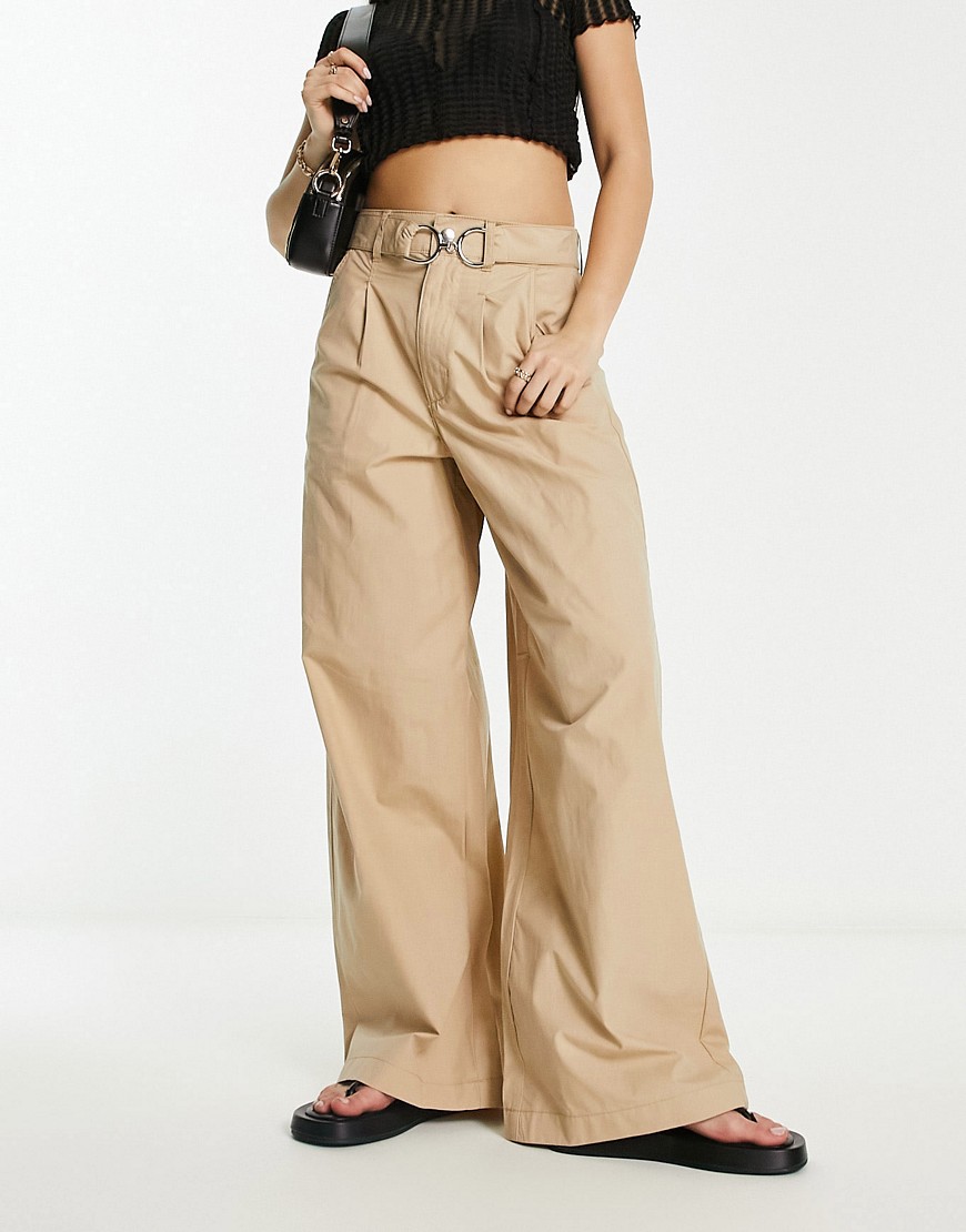 River Island belted wide leg trouser with hardware detail in beige-Neutral