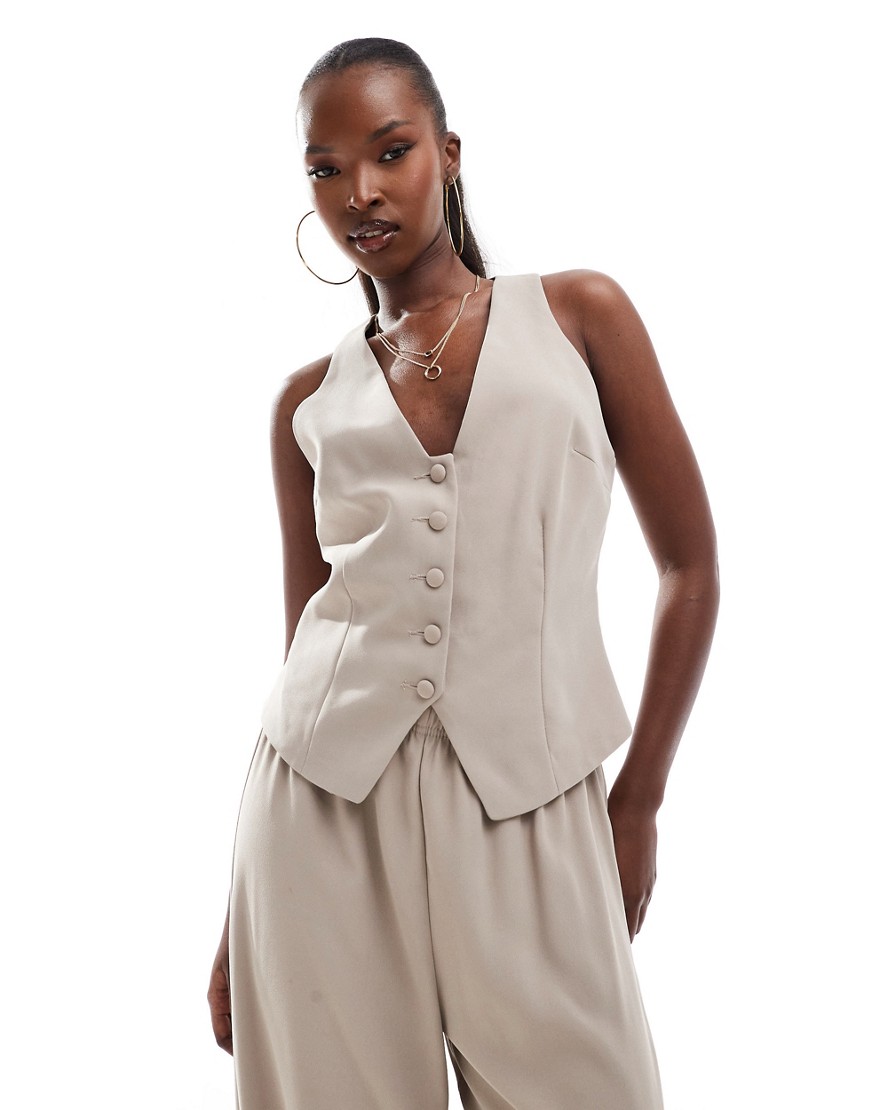 River Island buttoned front waistcoat in beige-Neutral
