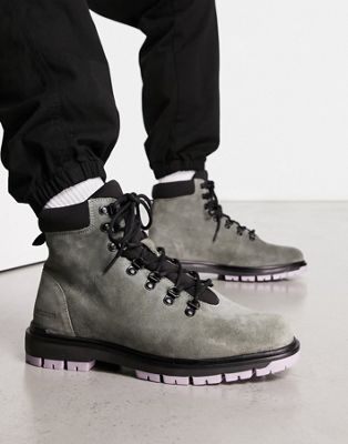 chunky purple tread hiker boots in grey