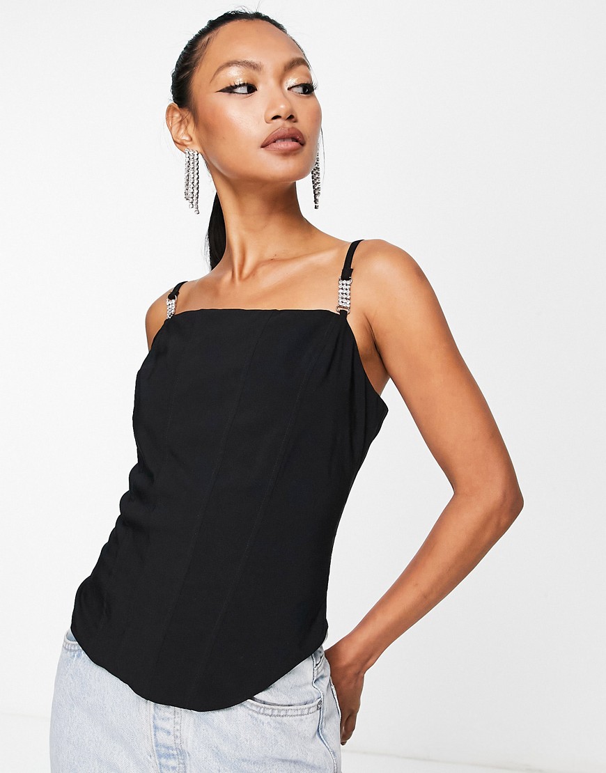 River Island corset top with diamante strap detail in black