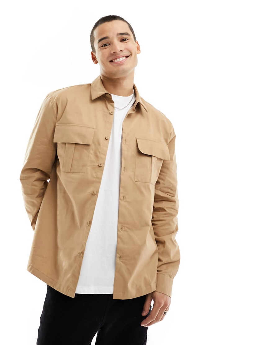 River Island double pocket utility shirt in light stone-Neutral
