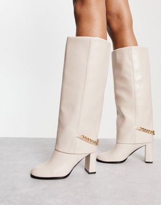 fold over chain detail high leg heeled boot in cream