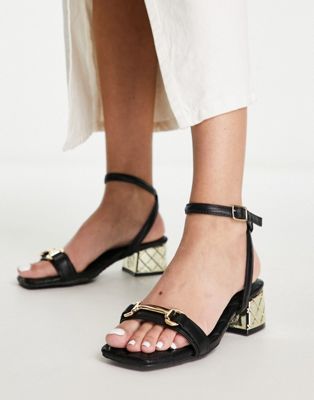 gold block sandal with buckle detail in black