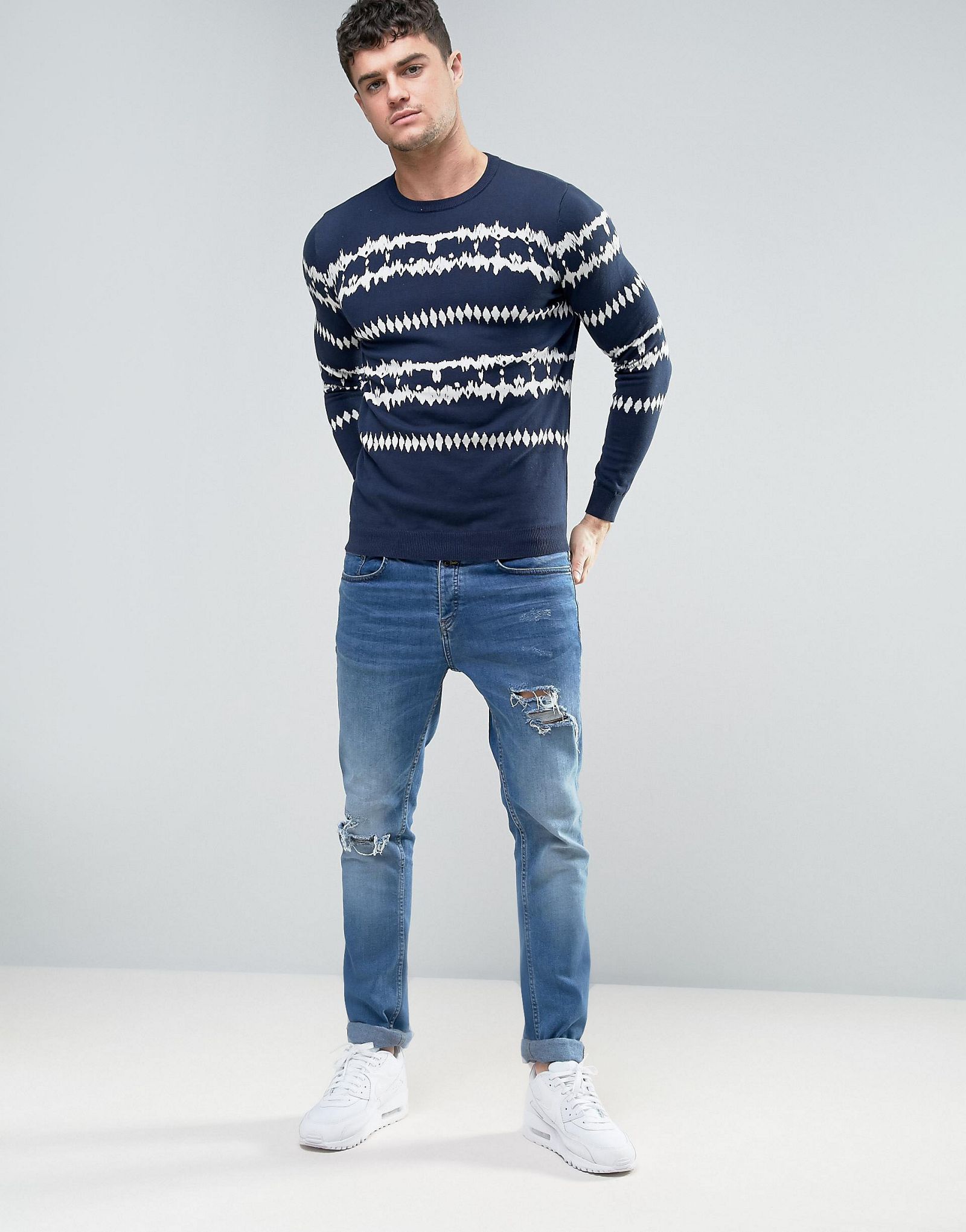 River Island Jumper With Ink Print In Navy