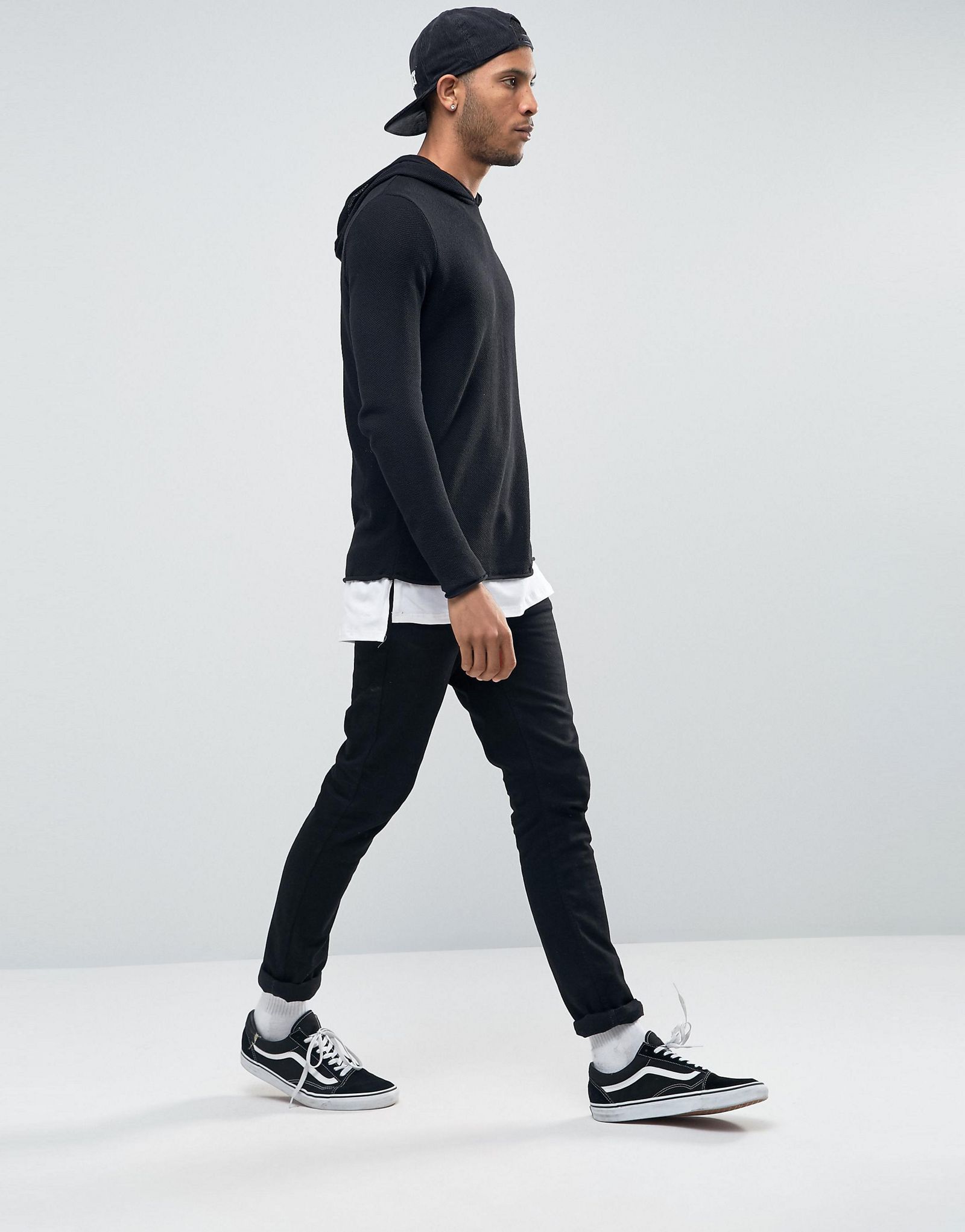 River Island Knitted Hoodie With Longline Double Layer In Black