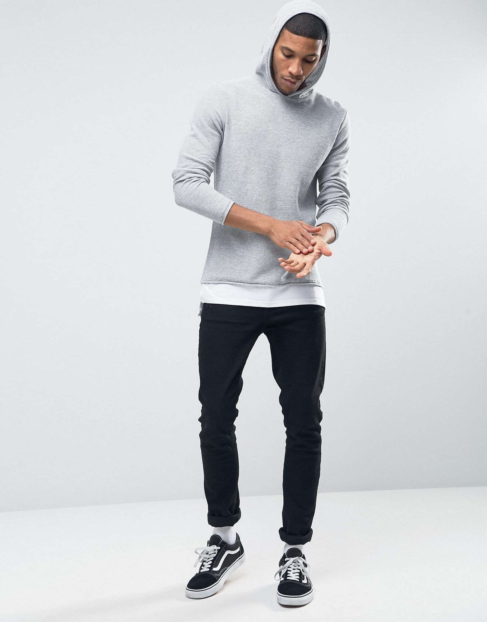 River Island Knitted Hoodie With Longline Double Layer In Grey