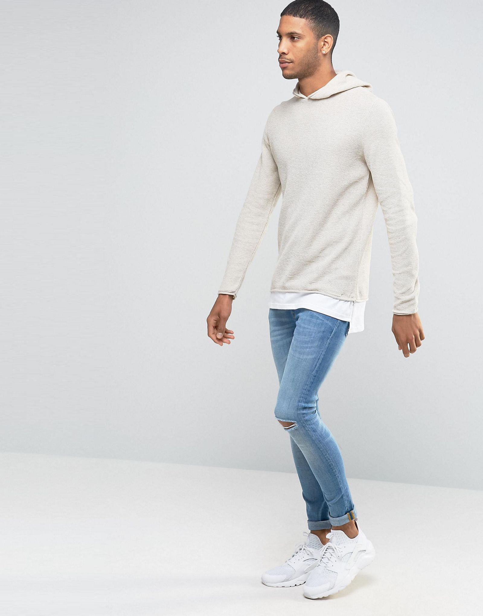 River Island Knitted Hoodie With Longline Double Layer In Stone