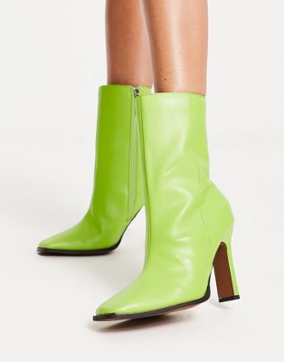 leather square toe heeled boot in lime