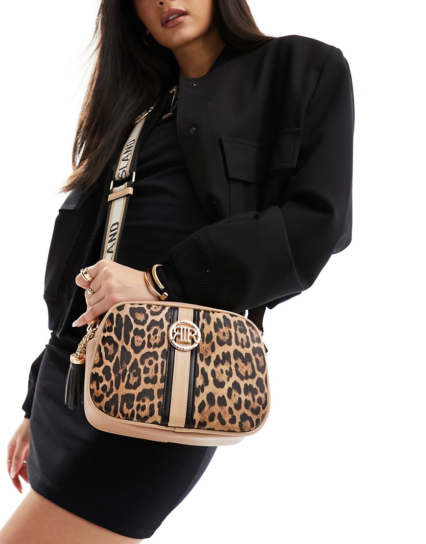 River Island leopard print cross body bag with webbing detail in brown