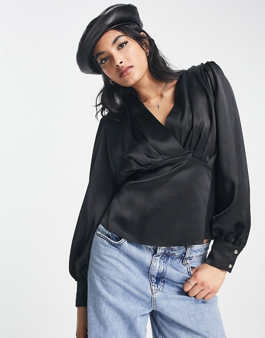 River Island long sleeve batwing blouse in black satin