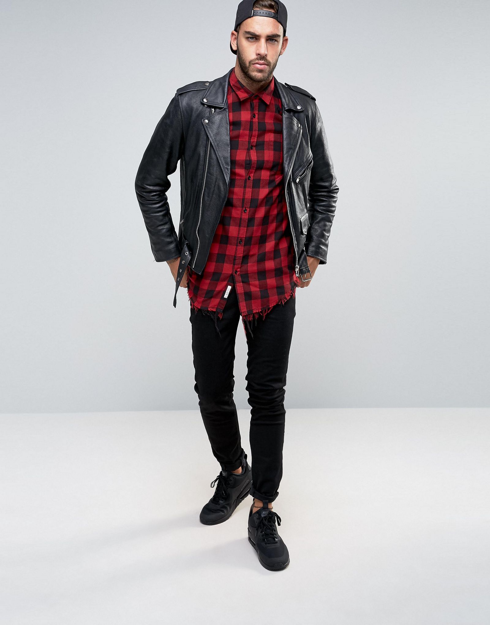 River Island Longline Check Shirt With Distressed Hem In Red