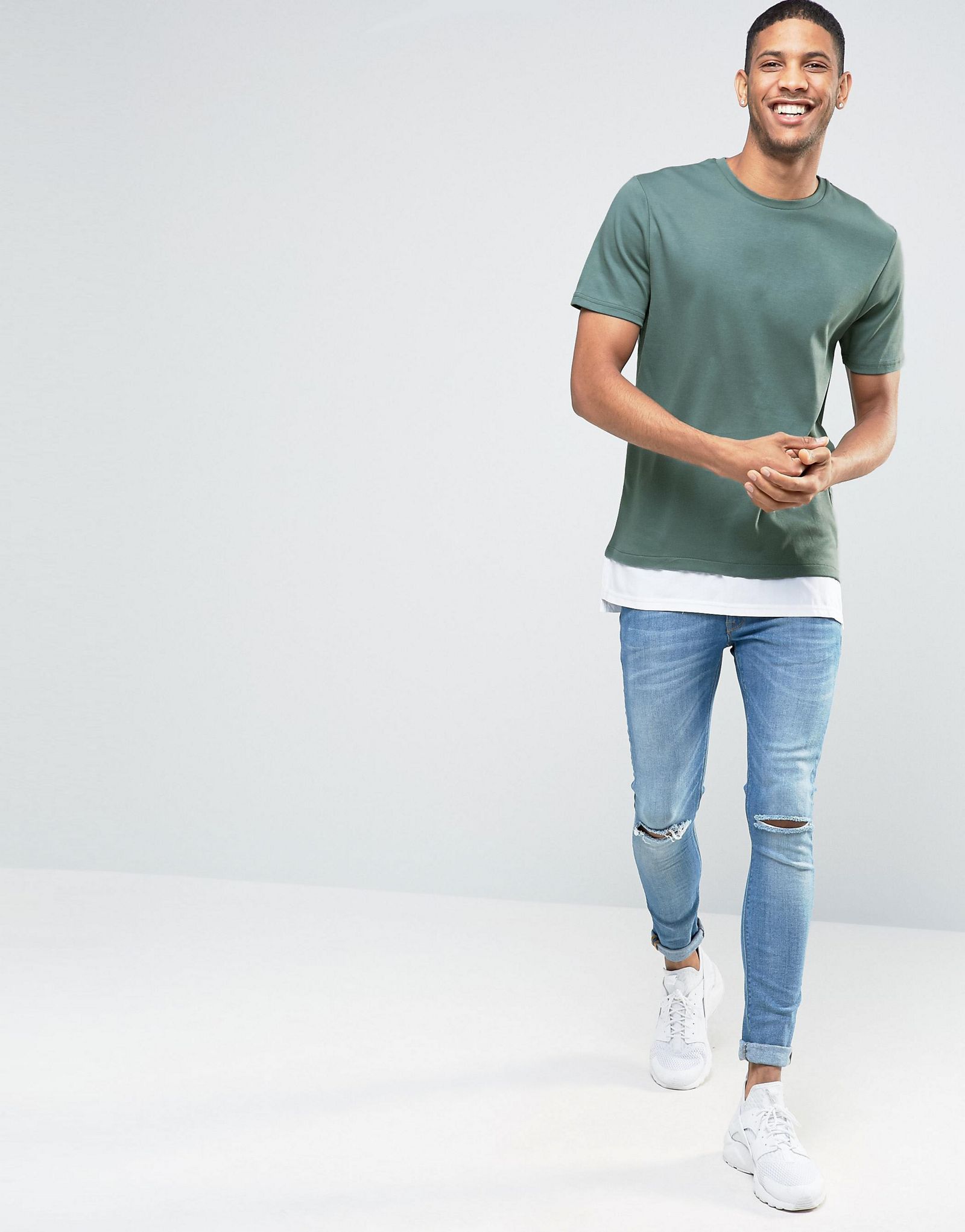 River Island Longline T-Shirt In Green With Double Layer