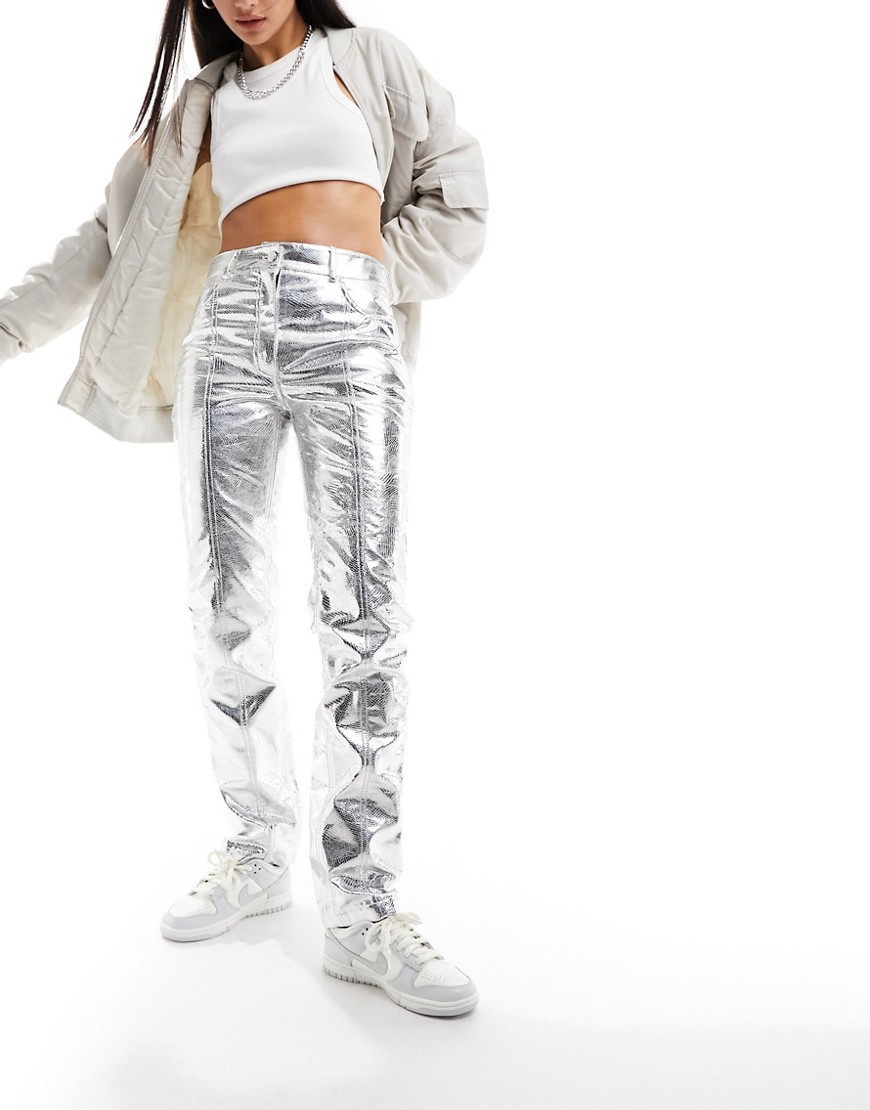 River Island metallic straight leg trouser in silver