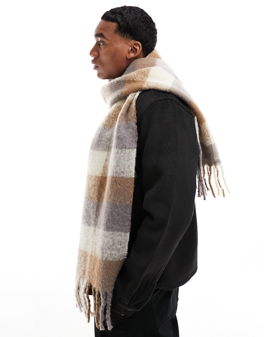 River Island oversized check scarf in beige-Neutral
