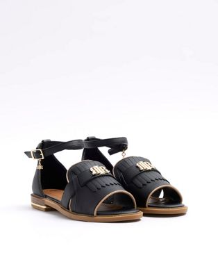 Peep toe flat sandals in black