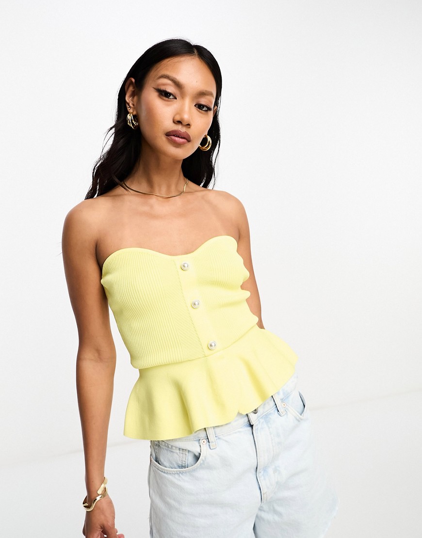 River Island peplum knit bandeau top with pearl detail co-ord in lemon yellow