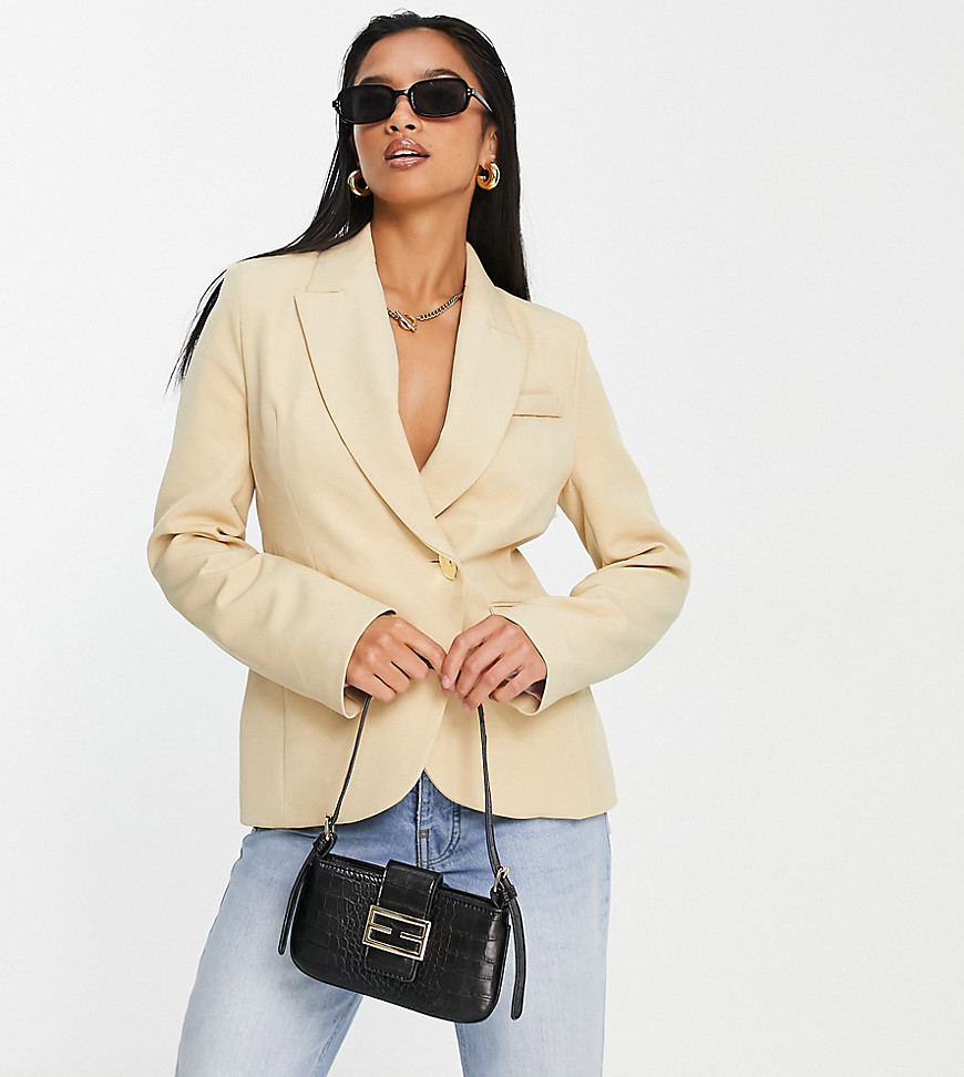 River Island Petite co-ord wrap over cinched blazer in beige-Neutral