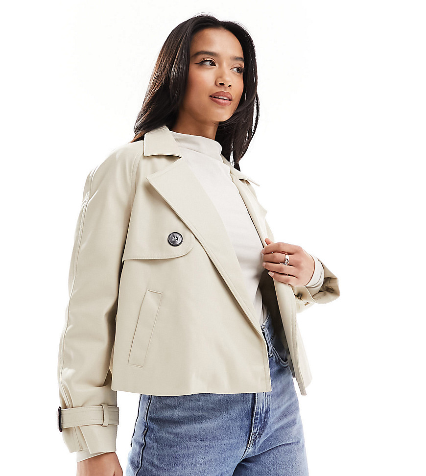 River Island Petite Petite faux leather crop trench coat in cream-White