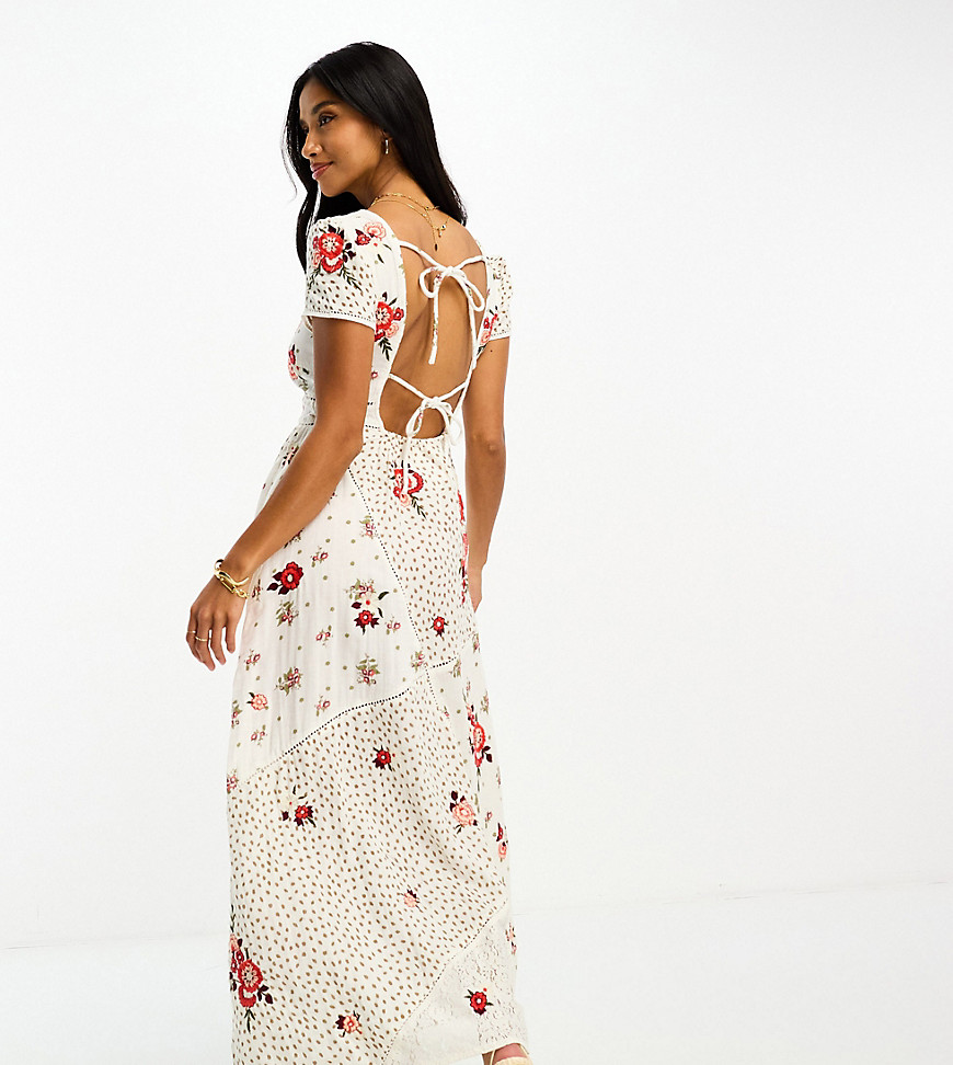 River Island Petite tie back embroidered floral maxi dress in cream-White