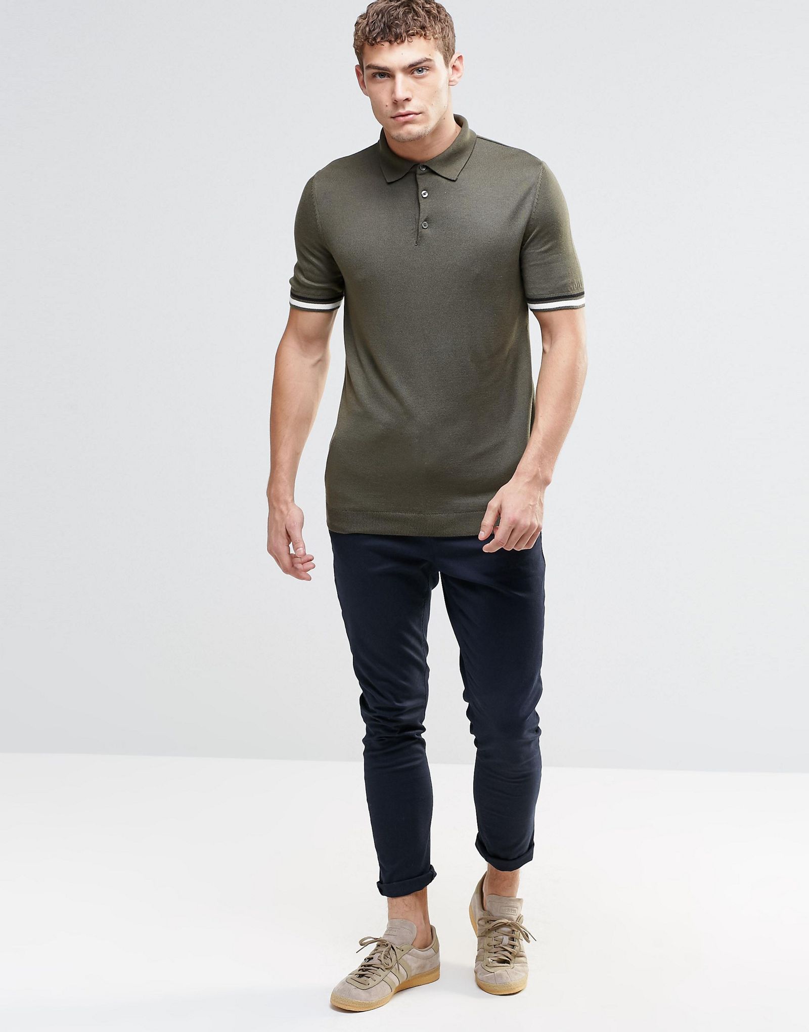 River Island Polo Shirt With Contrast Sleeves In Khaki