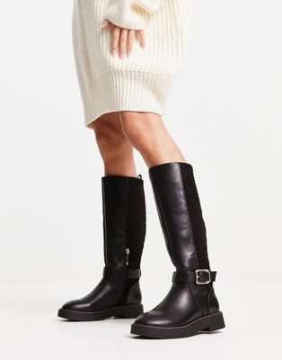 quilted buckle high leg boot in black