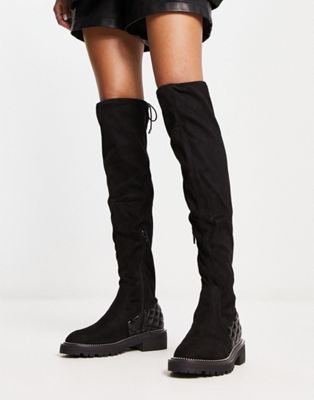 quilted faux suede over the knee boot in black