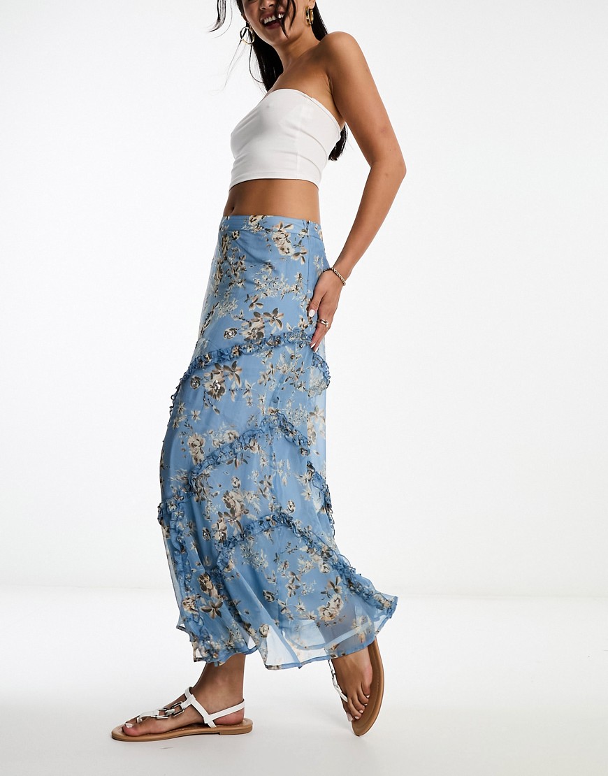 River Island ruffled tiered midi skirt in blue floral