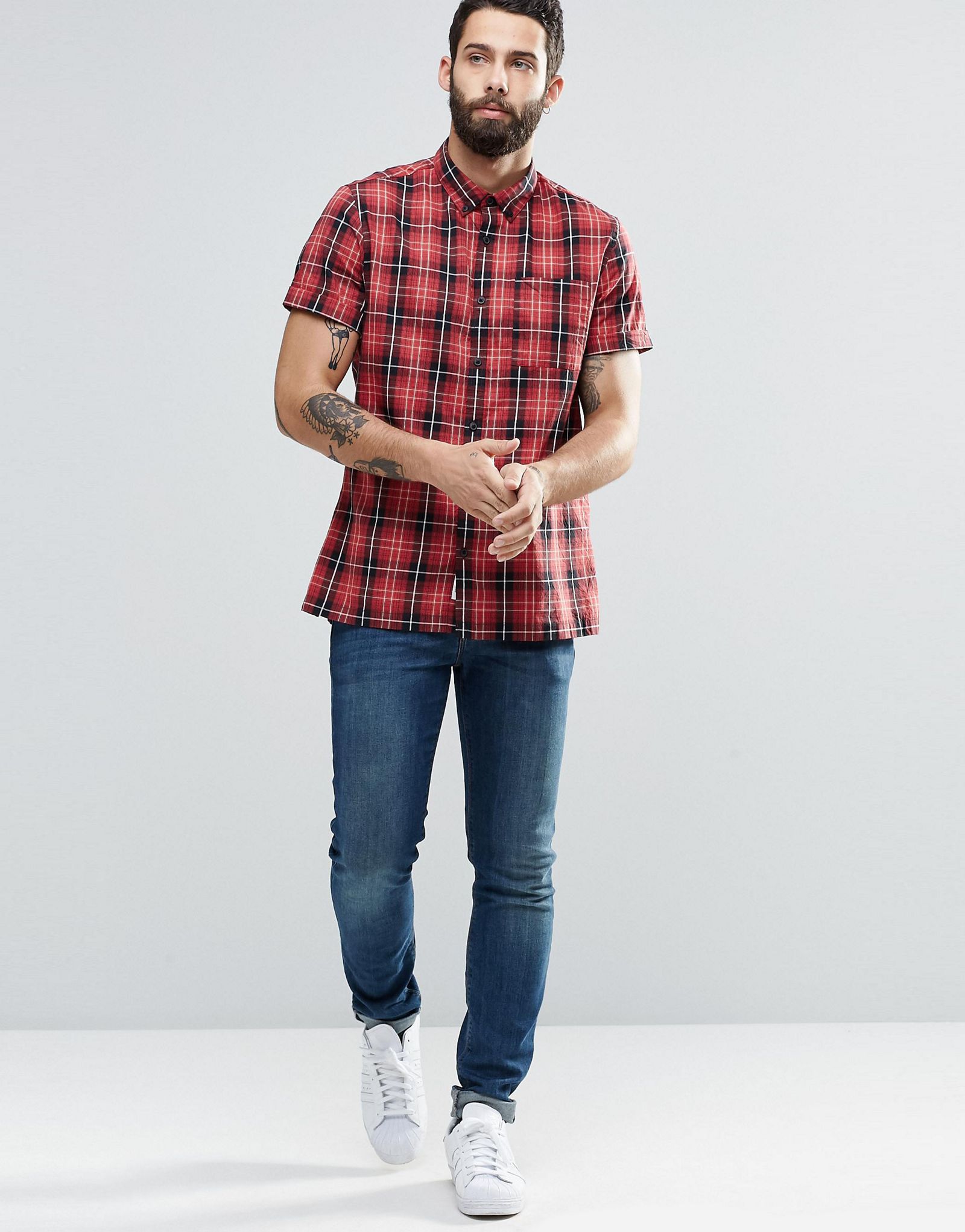 River Island Short-Sleeve Check Shirt In Red In Regular Fit