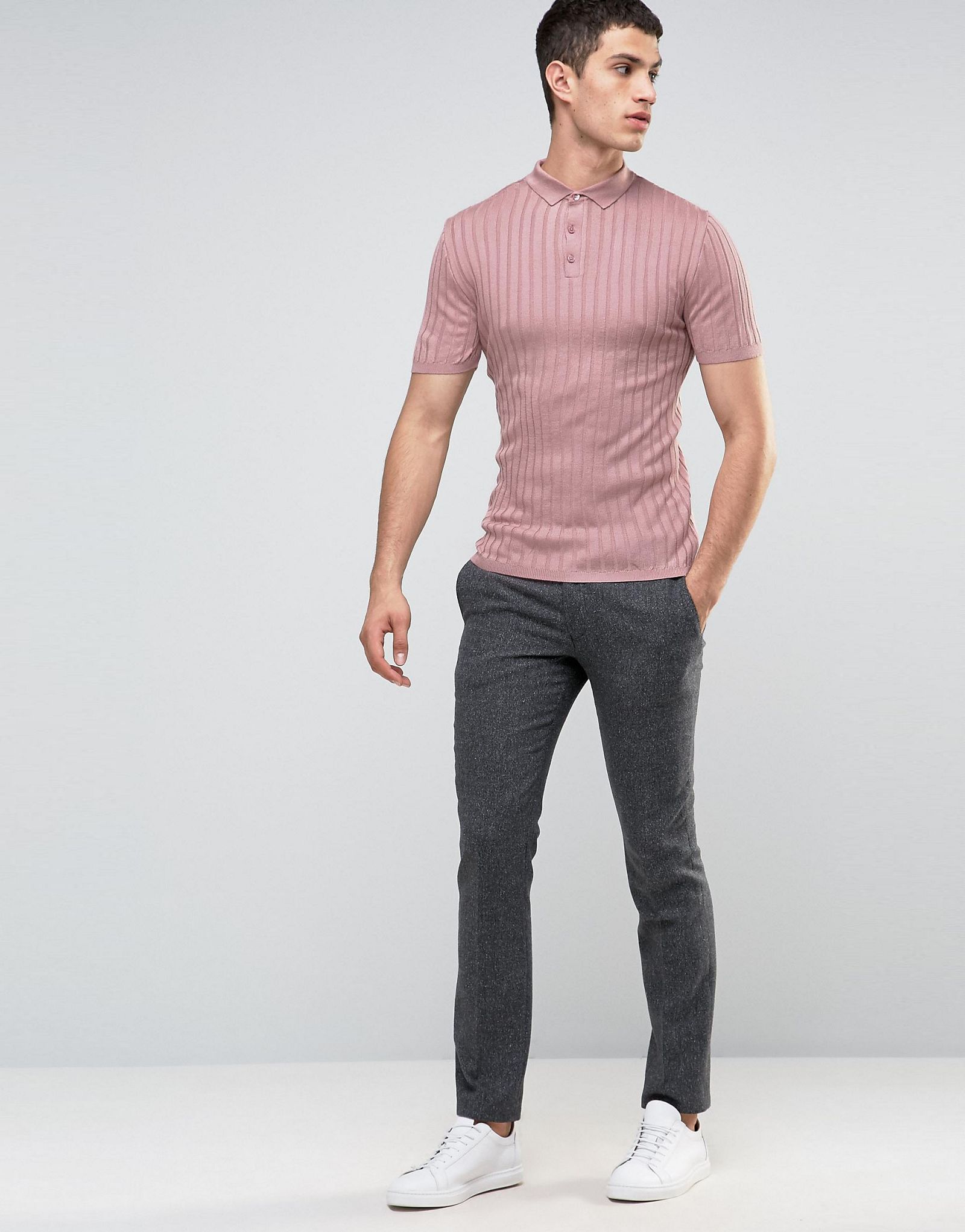 River Island Short Sleeve Muscle Fit Ribbed Polo In Pink