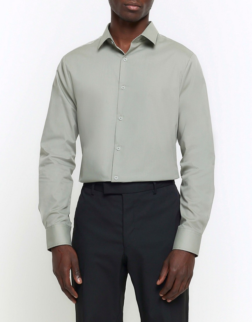 River Island Slim fit long sleeve smart shirt in khaki-Green