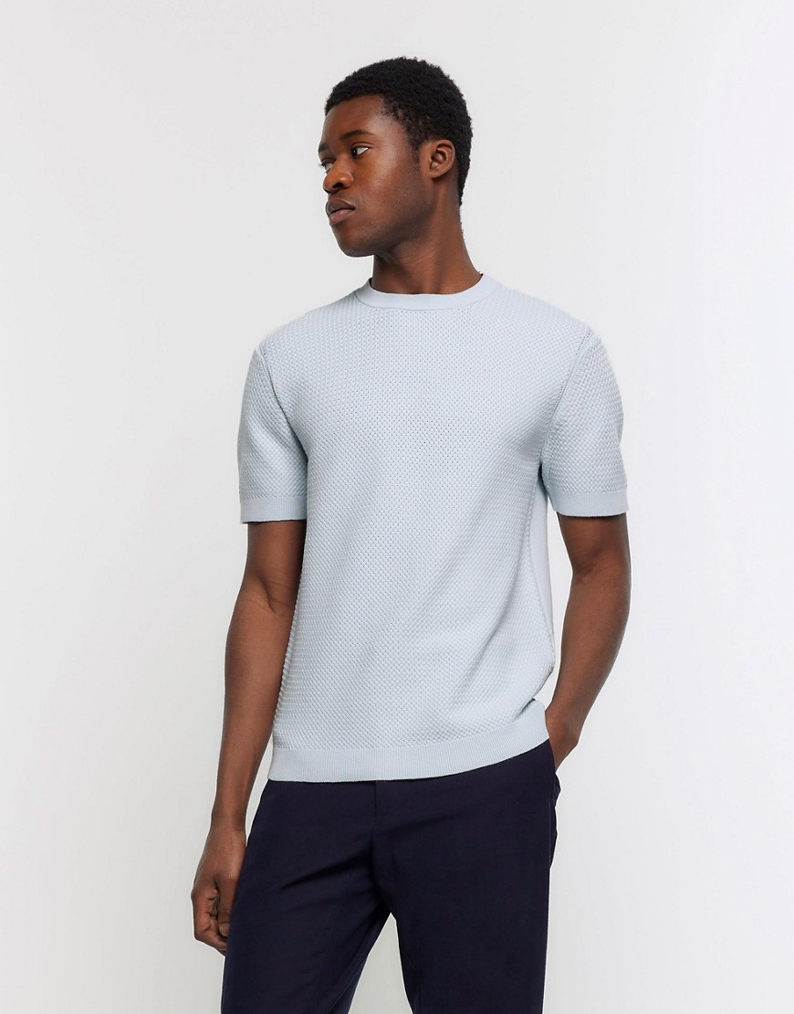 River Island Slim fit textured knitted t-shirt in blue - light