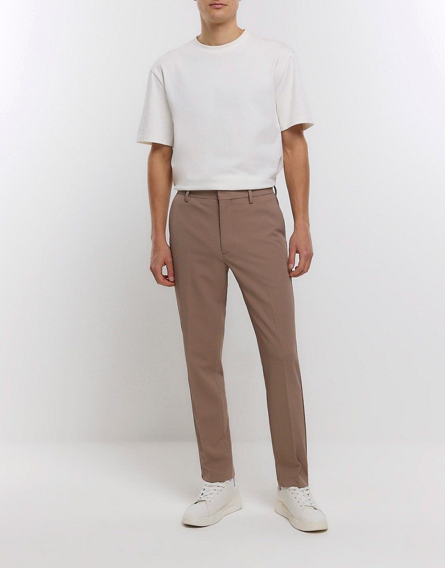 River Island Slim fit waffle textured trousers in beige-Neutral