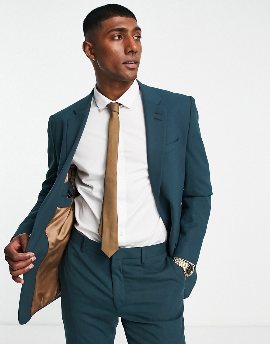 River Island slim single breasted suit jacket in teal-Green