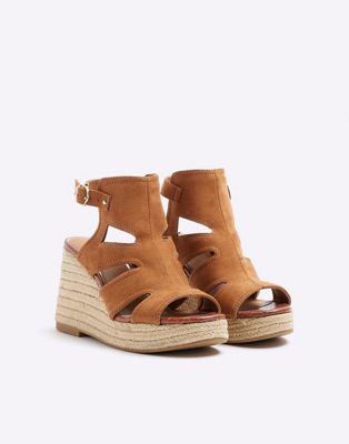 Suedette cut out wedge sandals in brown