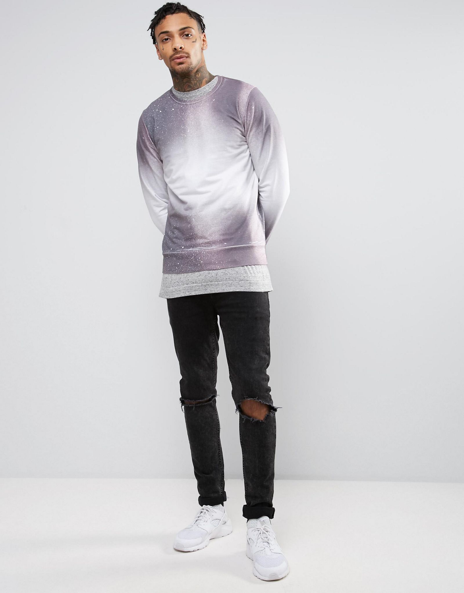 River Island Sweatshirt With Faded Paint Splatter In Purple And White