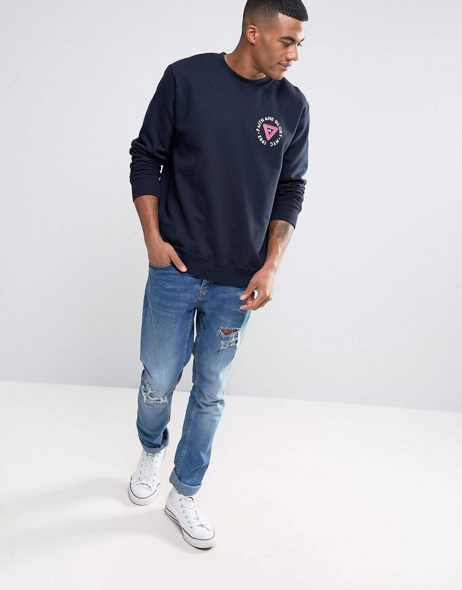 River Island Sweatshirt With Faith And Glory Motif In Navy