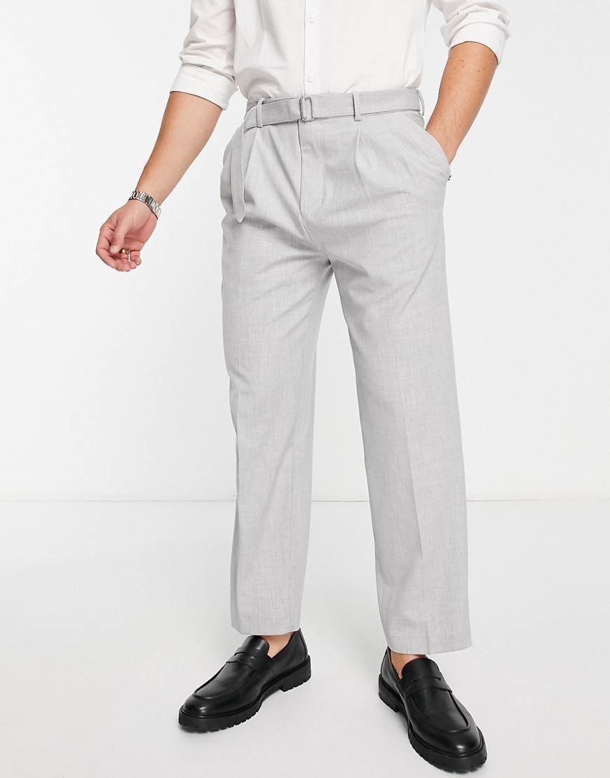 River Island tapered belted smart trousers in grey