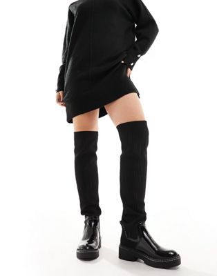 wide fit knitted high leg boot in black