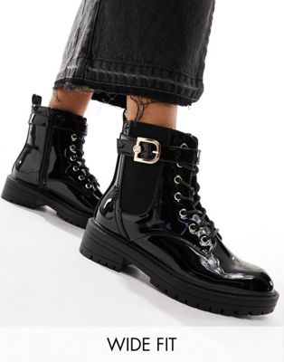 wide fit lace up boot with gold buckle in black
