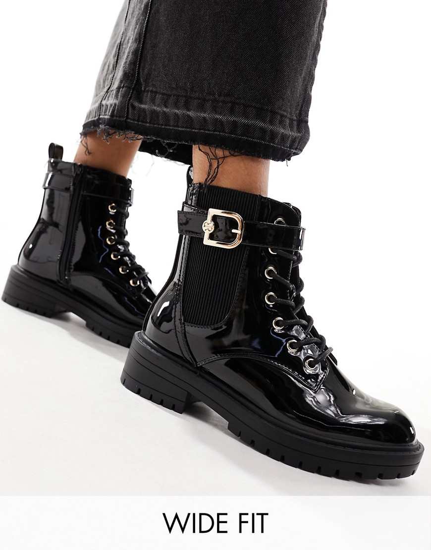 River Island wide fit lace up boot with gold buckle in black