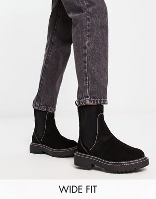 Wide Fit suede contrast stitch ankle boot in black